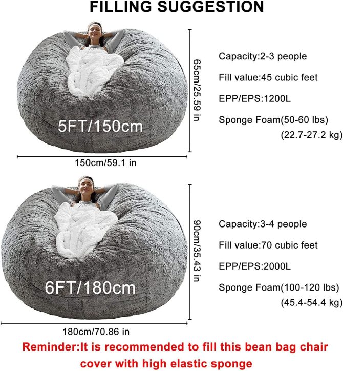 Bag Chair Cover(it was only a Cover;  not a Full Bean Bag) Chair Cushion;  Big Round Soft Fluffy PV Velvet Sofa Bed Cover;  Living Room Furniture;  Lazy Sofa Bed Cover; 6ft Black - Image 5