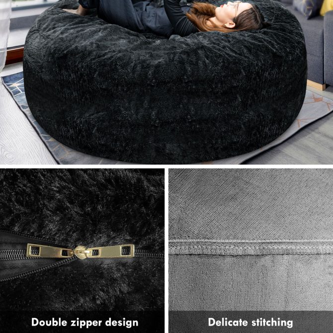 Bag Chair Cover(it was only a Cover;  not a Full Bean Bag) Chair Cushion;  Big Round Soft Fluffy PV Velvet Sofa Bed Cover;  Living Room Furniture;  Lazy Sofa Bed Cover; 5ft Black - Image 3