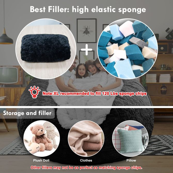 Bag Chair Cover(it was only a Cover;  not a Full Bean Bag) Chair Cushion;  Big Round Soft Fluffy PV Velvet Sofa Bed Cover;  Living Room Furniture;  Lazy Sofa Bed Cover; 5ft Black - Image 4