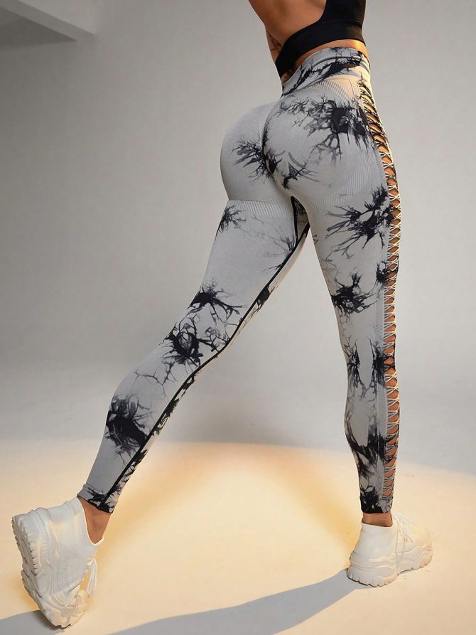 Cut Out Side Hollow Tie Dyed Yoga Pants, High Waist And Hip Lifting Fitness Pants With Side Hollow Seamless Sports Tights, Workout Gym Yoga Pants Scrunch Butt Lift Tights - Image 8