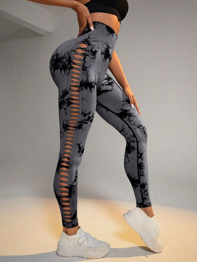 Cut Out Side Hollow Tie Dyed Yoga Pants, High Waist And Hip Lifting Fitness Pants With Side Hollow Seamless Sports Tights, Workout Gym Yoga Pants Scrunch Butt Lift Tights - Image 3