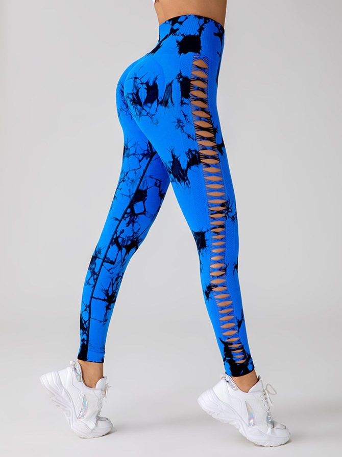 Cut Out Side Hollow Tie Dyed Yoga Pants, High Waist And Hip Lifting Fitness Pants With Side Hollow Seamless Sports Tights, Workout Gym Yoga Pants Scrunch Butt Lift Tights - Image 9