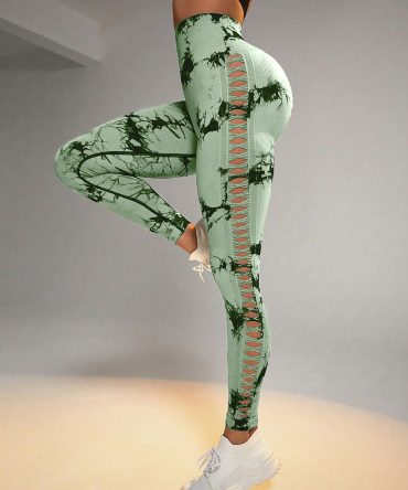 Cut Out Side Hollow Tie Dyed Yoga Pants, High Waist And Hip Lifting Fitness Pants With Side Hollow Seamless Sports Tights, Workout Gym Yoga Pants Scrunch Butt Lift Tights