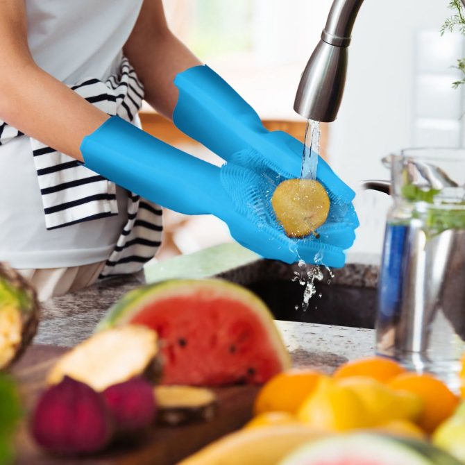 1 Pair Magic Silicone Brush Dishwashing Gloves Cleaning Sponge Pet Scrubber Heat Resistant Wash Gloves - Image 15