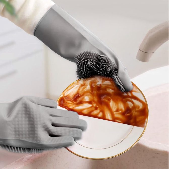 1 Pair Magic Silicone Brush Dishwashing Gloves Cleaning Sponge Pet Scrubber Heat Resistant Wash Gloves - Image 9