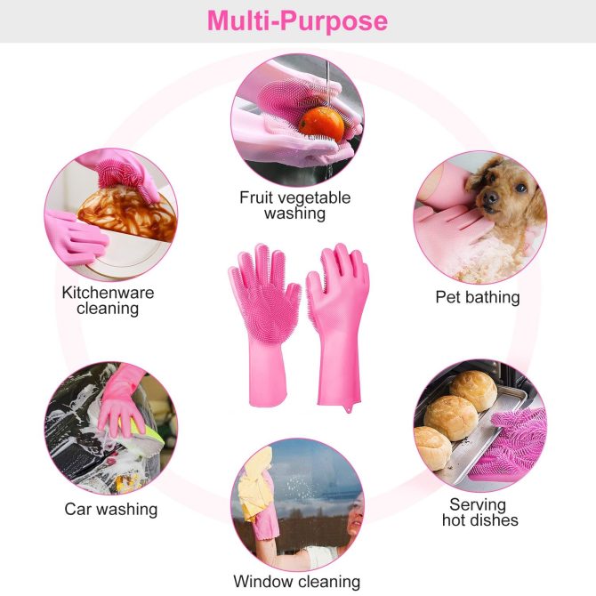 1 Pair Magic Silicone Brush Dishwashing Gloves Cleaning Sponge Pet Scrubber Heat Resistant Wash Gloves - Image 6