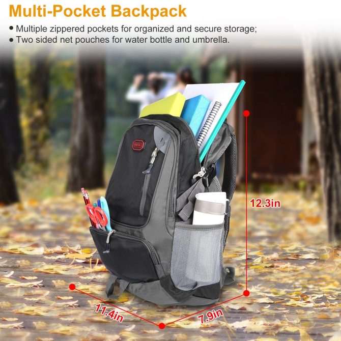 Unisex School Backpack Casual Travel Shoulder Bag W/ Adjustable Straps Dual-Water Bottle Pouch - Image 2