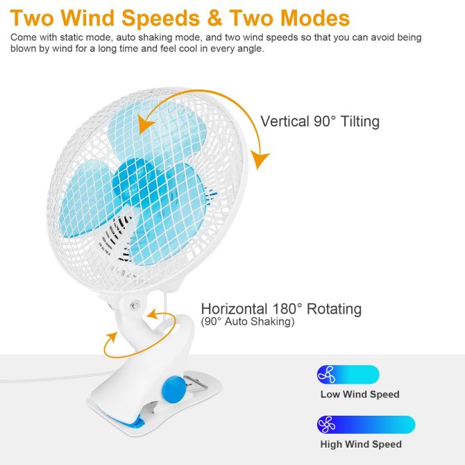 Clip On Fan 2 Speeds Quiet Clamp Fan Adjustable Tilt Auto Shaking Fan Wall Mount Personal Fan - Image 4