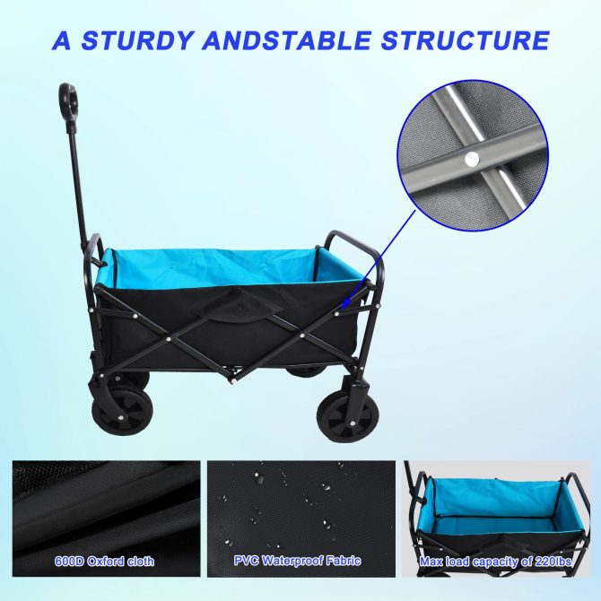 Mini Folding Wagon Garden Shopping Beach Cart (black+blue) - Image 5