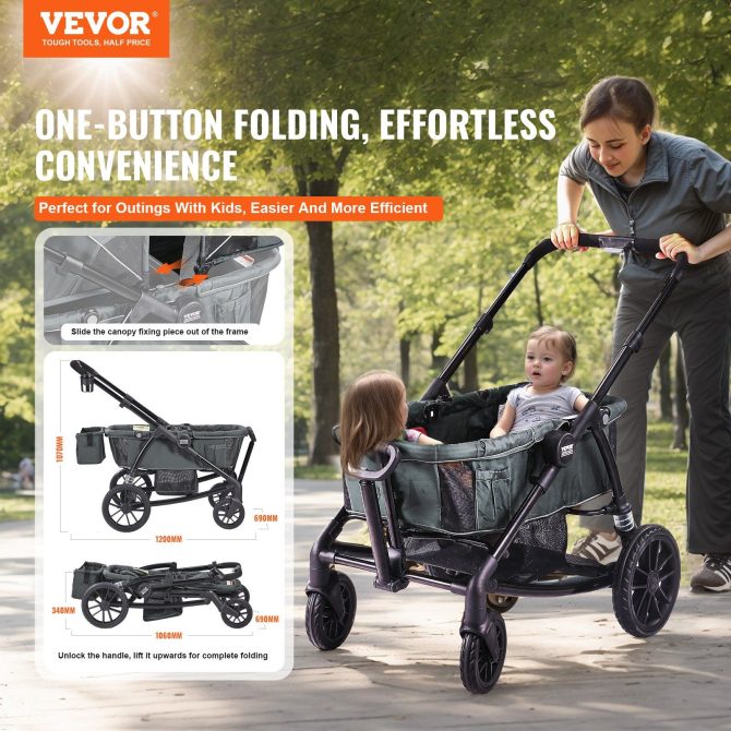 VEVOR All-Terrain Stroller Wagon, 2 Seats Foldable Expedition 2-in-1 Collapsible Wagon Stroller, Includes Canopy, Parent Organizer, Snack Tray & Cup Holders, 55lbs for Single Seat, Dark Grey/Black - Image 2