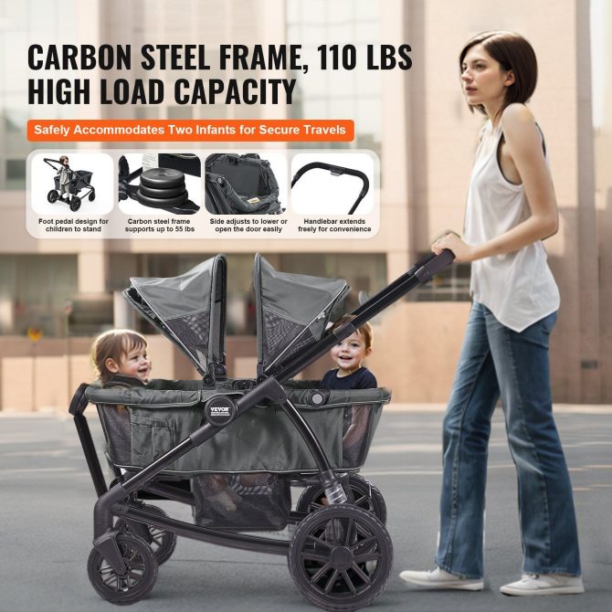 VEVOR All-Terrain Stroller Wagon, 2 Seats Foldable Expedition 2-in-1 Collapsible Wagon Stroller, Includes Canopy, Parent Organizer, Snack Tray & Cup Holders, 55lbs for Single Seat, Dark Grey/Black - Image 3