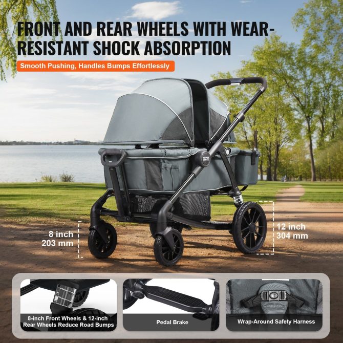 VEVOR All-Terrain Stroller Wagon, 2 Seats Foldable Expedition 2-in-1 Collapsible Wagon Stroller, Includes Canopy, Parent Organizer, Snack Tray & Cup Holders, 55lbs for Single Seat, Dark Grey/Black - Image 4