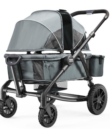 VEVOR All-Terrain Stroller Wagon, 2 Seats Foldable Expedition 2-in-1 Collapsible Wagon Stroller, Includes Canopy, Parent Organizer, Snack Tray & Cup Holders, 55lbs for Single Seat, Dark Grey/Black