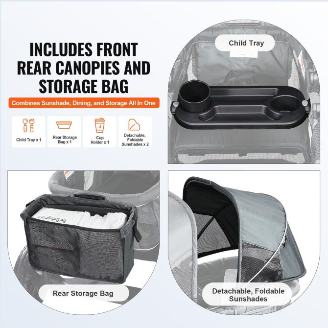 VEVOR All-Terrain Stroller Wagon, 2 Seats Foldable Expedition 2-in-1 Collapsible Wagon Stroller, Includes Canopy, Parent Organizer, Snack Tray & Cup Holders, 55lbs for Single Seat, Dark Grey/Black - Image 5