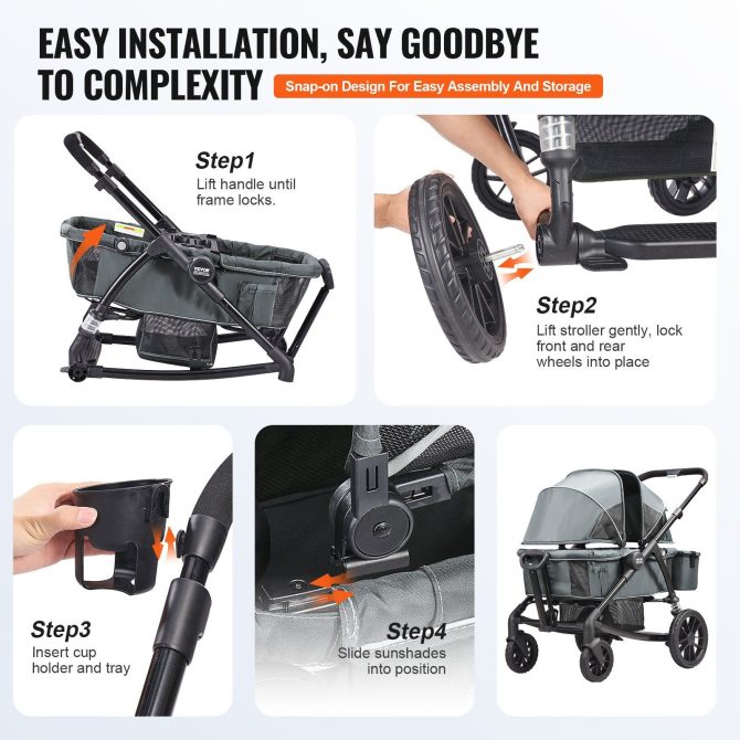 VEVOR All-Terrain Stroller Wagon, 2 Seats Foldable Expedition 2-in-1 Collapsible Wagon Stroller, Includes Canopy, Parent Organizer, Snack Tray & Cup Holders, 55lbs for Single Seat, Dark Grey/Black - Image 6