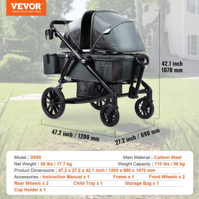 VEVOR All-Terrain Stroller Wagon, 2 Seats Foldable Expedition 2-in-1 Collapsible Wagon Stroller, Includes Canopy, Parent Organizer, Snack Tray & Cup Holders, 55lbs for Single Seat, Dark Grey/Black - Image 7
