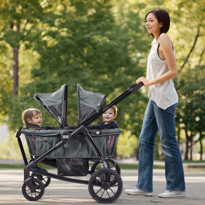 VEVOR All-Terrain Stroller Wagon, 2 Seats Foldable Expedition 2-in-1 Collapsible Wagon Stroller, Includes Canopy, Parent Organizer, Snack Tray & Cup Holders, 55lbs for Single Seat, Dark Grey/Black - Image 8
