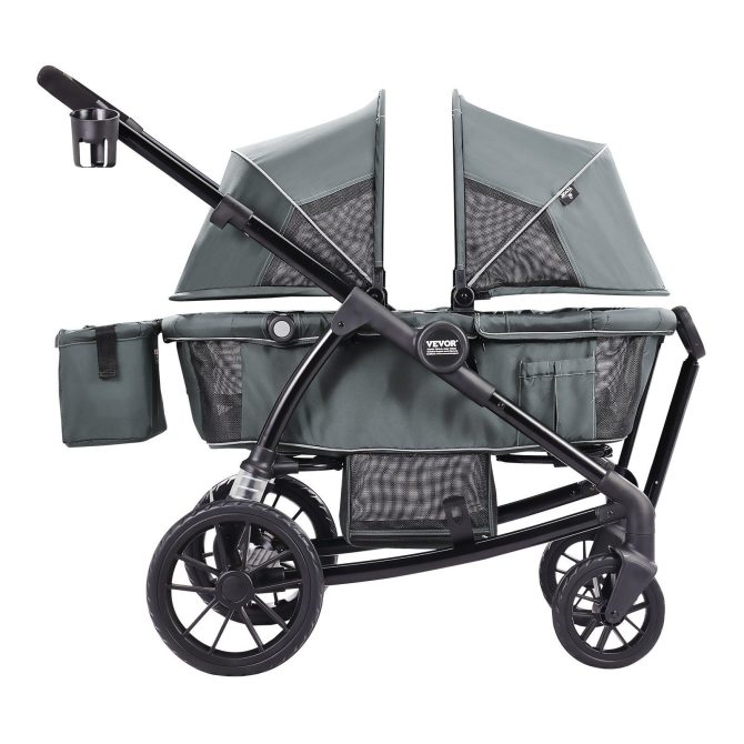 VEVOR All-Terrain Stroller Wagon, 2 Seats Foldable Expedition 2-in-1 Collapsible Wagon Stroller, Includes Canopy, Parent Organizer, Snack Tray & Cup Holders, 55lbs for Single Seat, Dark Grey/Black - Image 9