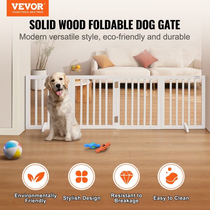 VEVOR Free Standing Dog Gate, 24" H x 80.3" W Freestanding Pet Gate, 4 Panels Foldable Dog Gate for Wide and Narrow Passageways, Expandable Dog Barrier with Silent Foot Support for Indoor, White - Image 2