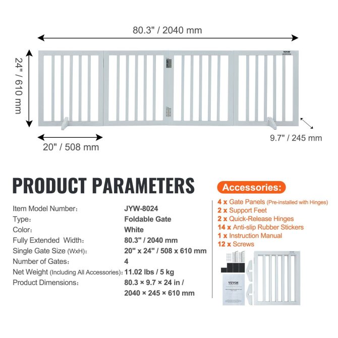 VEVOR Free Standing Dog Gate, 24" H x 80.3" W Freestanding Pet Gate, 4 Panels Foldable Dog Gate for Wide and Narrow Passageways, Expandable Dog Barrier with Silent Foot Support for Indoor, White - Image 11