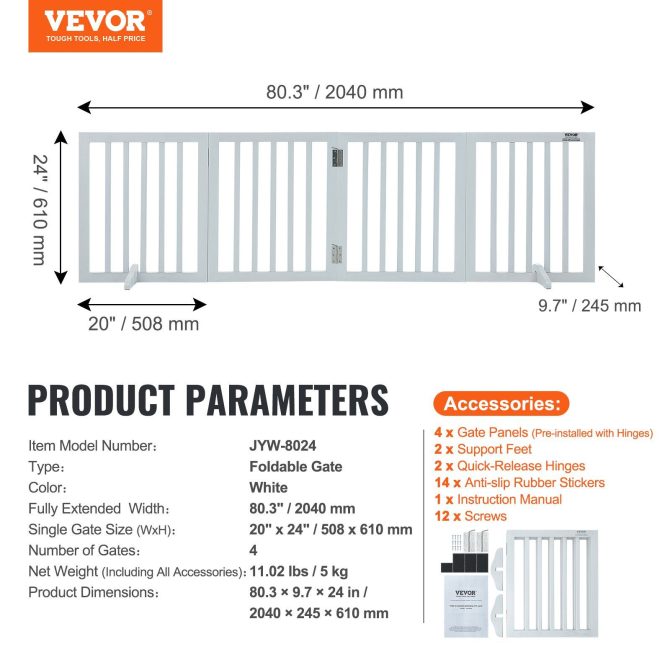 VEVOR Free Standing Dog Gate, 24" H x 80.3" W Freestanding Pet Gate, 4 Panels Foldable Dog Gate for Wide and Narrow Passageways, Expandable Dog Barrier with Silent Foot Support for Indoor, White - Image 7
