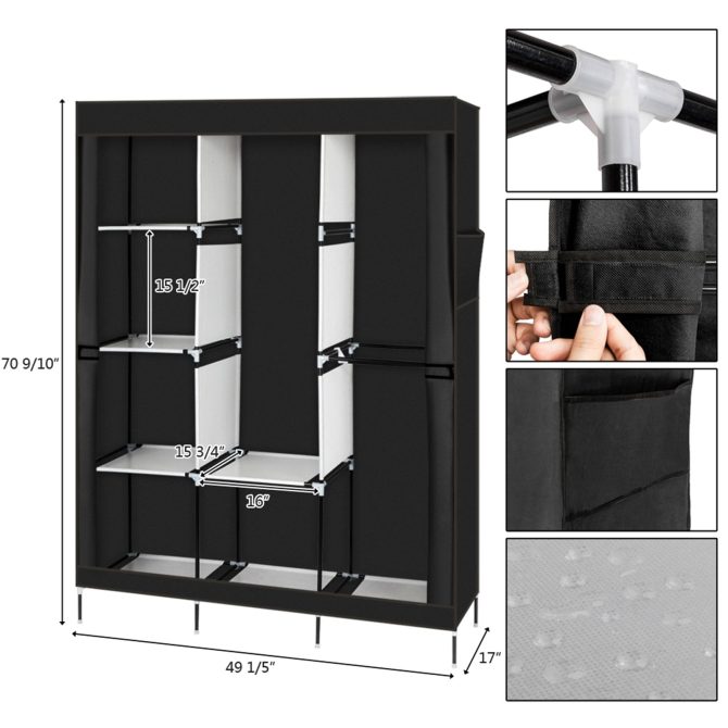 71" Portable Closet Wardrobe Clothes Rack Storage Organizer with Shelf Black - Image 3