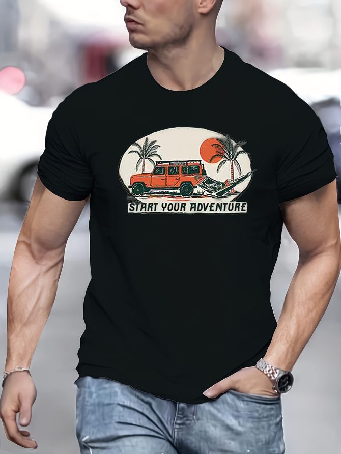 Men's Adventure Pattern Novelty T-shirt - Casual Round Neck Polyester Fiber Blended Short Sleeve T-shirt - Image 6