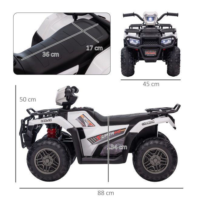 Aosom 12V Ride on ATV for Kids, Kids Electric 4 Wheeler with Headlight, Music, MP3, Treaded Tires, Battery Powered Kids Quad for Toddler, White - Image 2