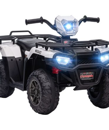 Aosom 12V Ride on ATV for Kids, Kids Electric 4 Wheeler with Headlight, Music, MP3, Treaded Tires, Battery Powered Kids Quad for Toddler, White