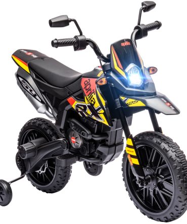 Qaba 12V Kids Motorcycle, Aprilia Licenced Electric Motorcycle for Kids with Training Wheels, Spring Suspension, LED Light, USB, Music, Battery Powered Electric Dirt Bike for Boys Girls, Yellow