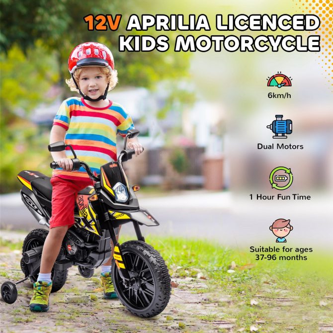 Qaba 12V Kids Motorcycle, Aprilia Licenced Electric Motorcycle for Kids with Training Wheels, Spring Suspension, LED Light, USB, Music, Battery Powered Electric Dirt Bike for Boys Girls, Yellow - Image 5