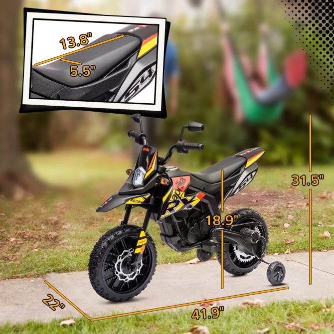 Qaba 12V Kids Motorcycle, Aprilia Licenced Electric Motorcycle for Kids with Training Wheels, Spring Suspension, LED Light, USB, Music, Battery Powered Electric Dirt Bike for Boys Girls, Yellow - Image 7