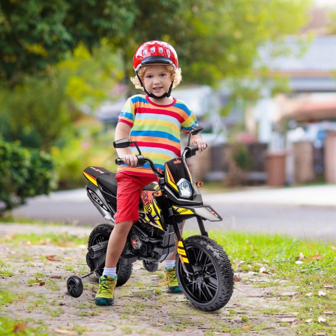 Qaba 12V Kids Motorcycle, Aprilia Licenced Electric Motorcycle for Kids with Training Wheels, Spring Suspension, LED Light, USB, Music, Battery Powered Electric Dirt Bike for Boys Girls, Yellow - Image 8