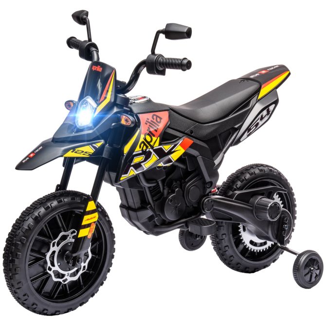 Qaba 12V Kids Motorcycle, Aprilia Licenced Electric Motorcycle for Kids with Training Wheels, Spring Suspension, LED Light, USB, Music, Battery Powered Electric Dirt Bike for Boys Girls, Yellow - Image 10