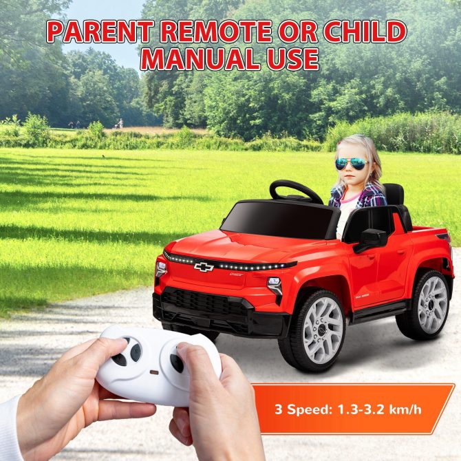 Qaba 12V Kids Electric Car, Chevrolet Silverado EV RST Licensed Ride on Car with Parent Remote Control, Spring Suspension, Soft Start, Training Wheels, LED Lights, Music, MP3, 3 Speed, Red - Image 3