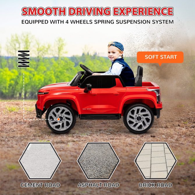 Qaba 12V Kids Electric Car, Chevrolet Silverado EV RST Licensed Ride on Car with Parent Remote Control, Spring Suspension, Soft Start, Training Wheels, LED Lights, Music, MP3, 3 Speed, Red - Image 4