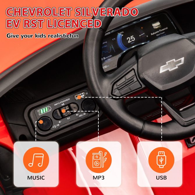 Qaba 12V Kids Electric Car, Chevrolet Silverado EV RST Licensed Ride on Car with Parent Remote Control, Spring Suspension, Soft Start, Training Wheels, LED Lights, Music, MP3, 3 Speed, Red - Image 5
