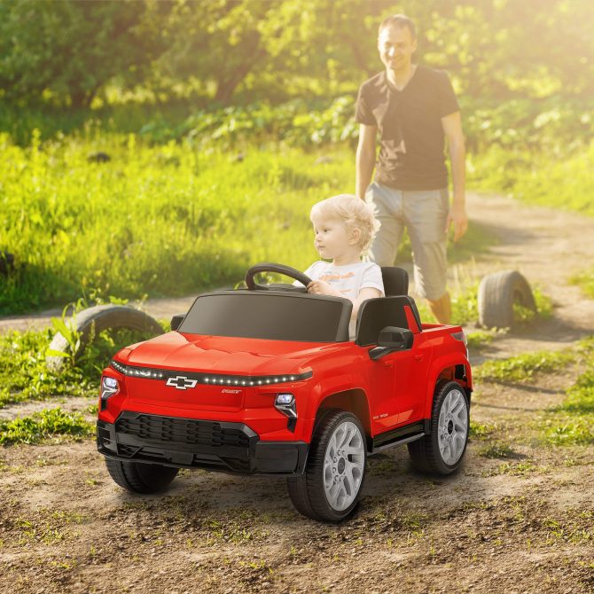 Qaba 12V Kids Electric Car, Chevrolet Silverado EV RST Licensed Ride on Car with Parent Remote Control, Spring Suspension, Soft Start, Training Wheels, LED Lights, Music, MP3, 3 Speed, Red - Image 9