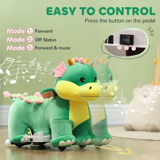 Qaba 6V Kids Ride on Horse, Battery Powered Ride on Toy, Triceratops Shaped Electric Animal Car with Music Forward, PU Wheels, for Girls Boys Aged 18-36 Months, Green - Image 3