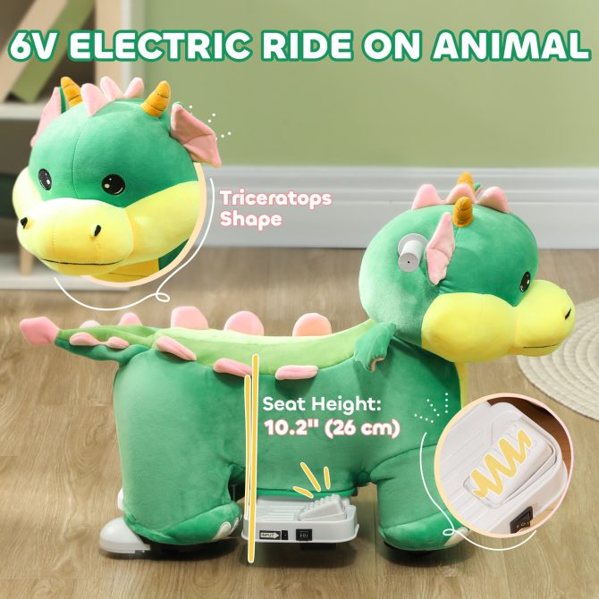 Qaba 6V Kids Ride on Horse, Battery Powered Ride on Toy, Triceratops Shaped Electric Animal Car with Music Forward, PU Wheels, for Girls Boys Aged 18-36 Months, Green - Image 5