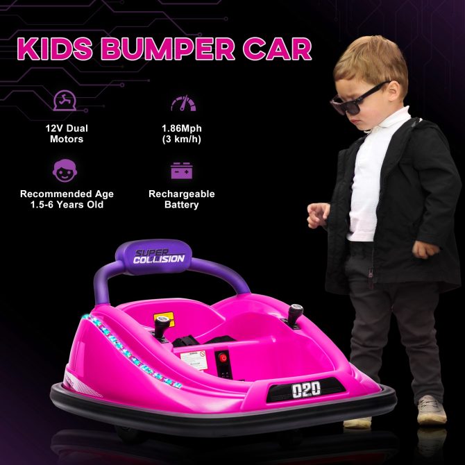 Aosom 12V Toddler Bumper Car with Remote Control, 360° Rotation Kids Electric Ride-On Toy, Twins Motor, Colorful LED Lights, 3 Songs, for Boys and Girls, Pink - Image 2