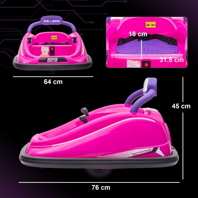 Aosom 12V Toddler Bumper Car with Remote Control, 360° Rotation Kids Electric Ride-On Toy, Twins Motor, Colorful LED Lights, 3 Songs, for Boys and Girls, Pink - Image 6