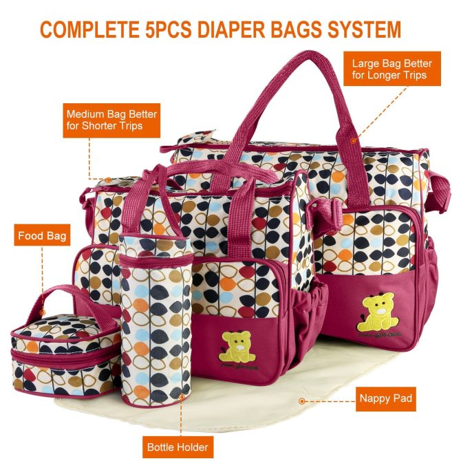 5PCS Baby Nappy Diaper Bags Set Mummy Diaper Shoulder Bags w/ Nappy Changing Pad Insulated Pockets Travel Tote Bags - Image 3