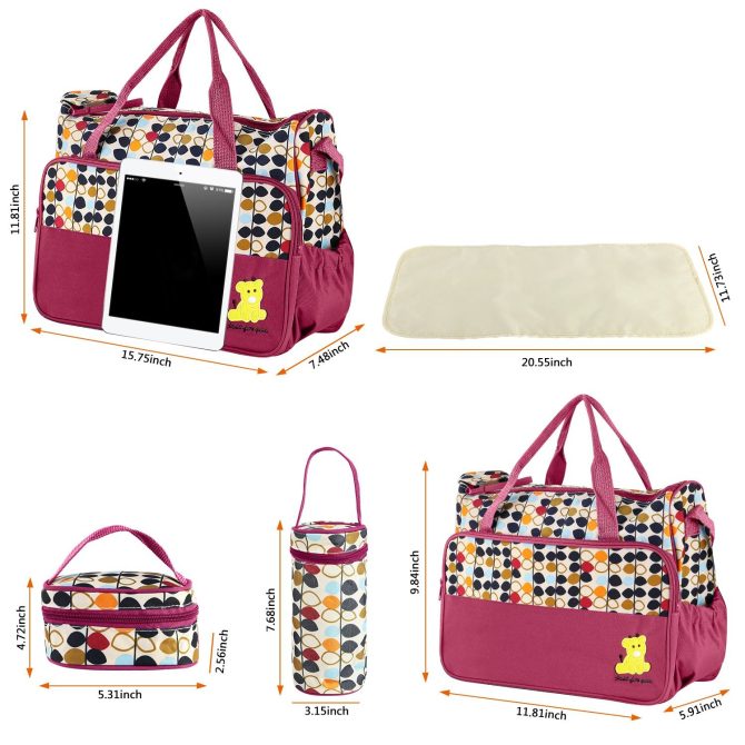 5PCS Baby Nappy Diaper Bags Set Mummy Diaper Shoulder Bags w/ Nappy Changing Pad Insulated Pockets Travel Tote Bags - Image 10