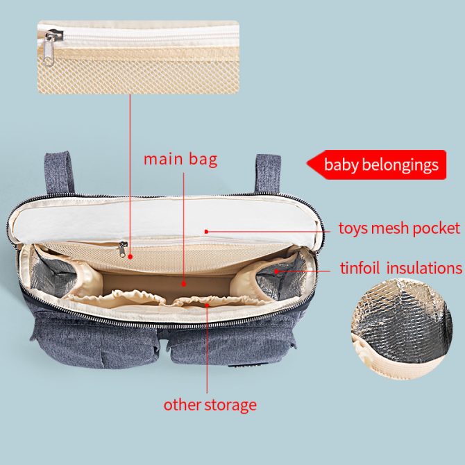 SUNVENO Universal Stroller Organizer Super Large Capacity, 2-in-1 Baby Stroller Organizer Waterproof Insulated Cup Holder Inside, Shoulder Bag & Strolller Storage Bag with 10 Pocket Including, Gray - Image 3