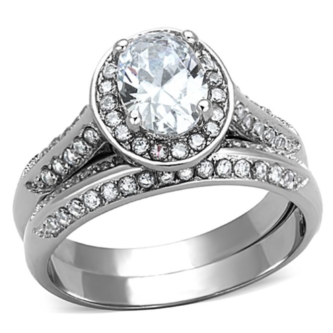 TK1W163 - High polished (no plating) Stainless Steel Ring with AAA Grade CZ in Clear - Image 3