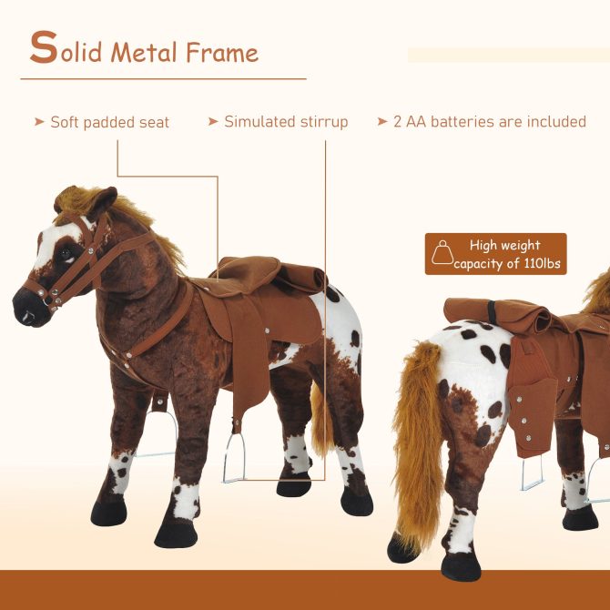 Qaba Sound-Making Ride On Horse for Toddlers 3-5, with Neighing and Galloping Sound, Stuffed Animal Horse Toy for Kids with Padding, Soft Feel, Brown - Image 6
