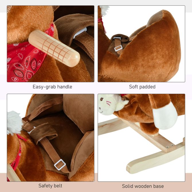 Qaba Kids Ride-On Rocking Horse Toy, Rocker with Lullaby Song, Hand Puppets & Soft Plush Fabric for Children 18-36 Months, Brown - Image 3