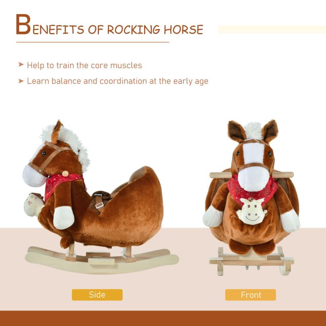Qaba Kids Ride-On Rocking Horse Toy, Rocker with Lullaby Song, Hand Puppets & Soft Plush Fabric for Children 18-36 Months, Brown - Image 4