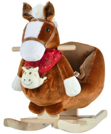 Qaba Kids Ride-On Rocking Horse Toy, Rocker with Lullaby Song, Hand Puppets & Soft Plush Fabric for Children 18-36 Months, Brown